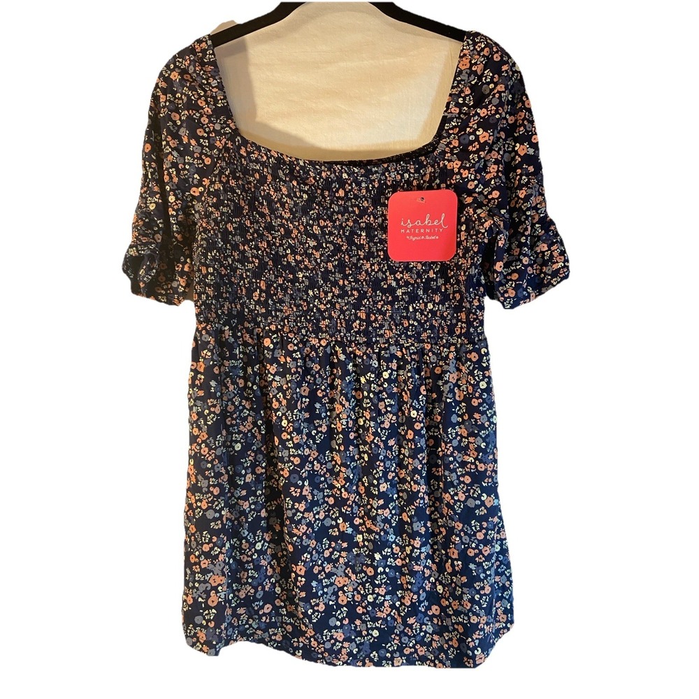 Navy Floral Smocked Maternity Blouse Sz M Boho Cottagecore Relaxed Lined Top